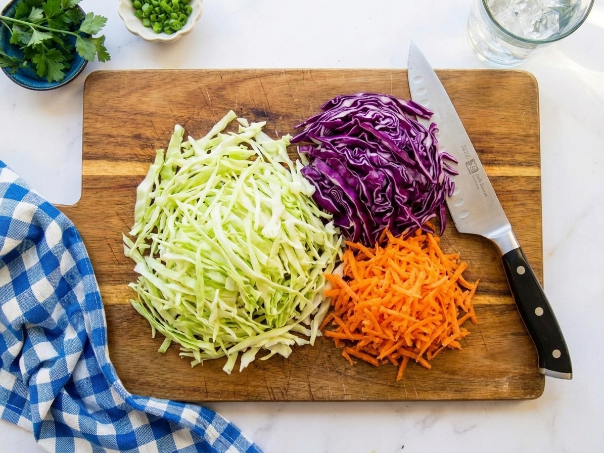 Shredded green cabbage, shredded purple cabbage, and grated carrots arranged in separate piles on a cutting board with a chef’s knife nearby in a home kitchen