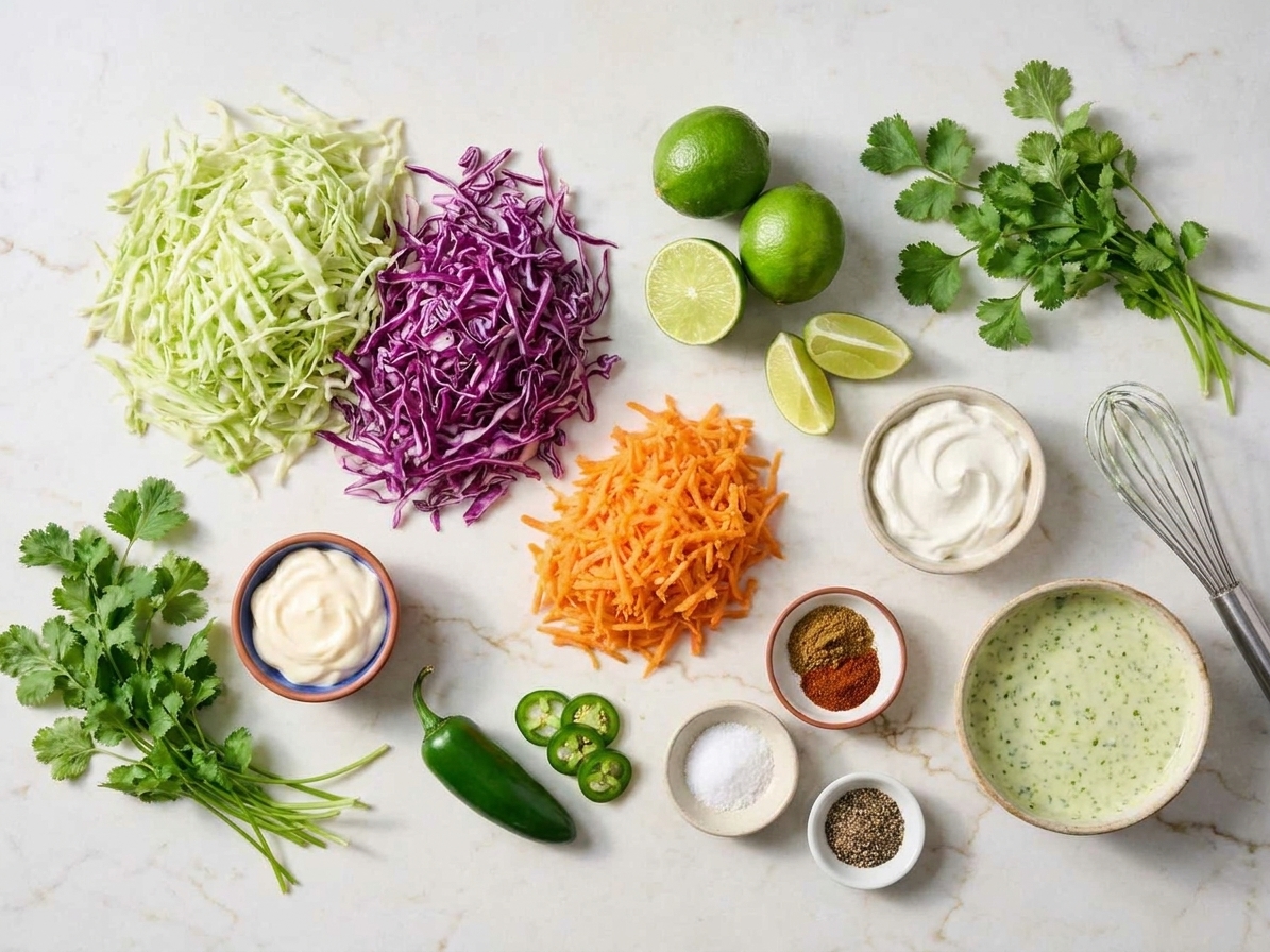 Shredded green cabbage, shredded red cabbage, grated carrot, limes, cilantro, mayonnaise, sour cream, jalapeño, and spices arranged on a kitchen counter