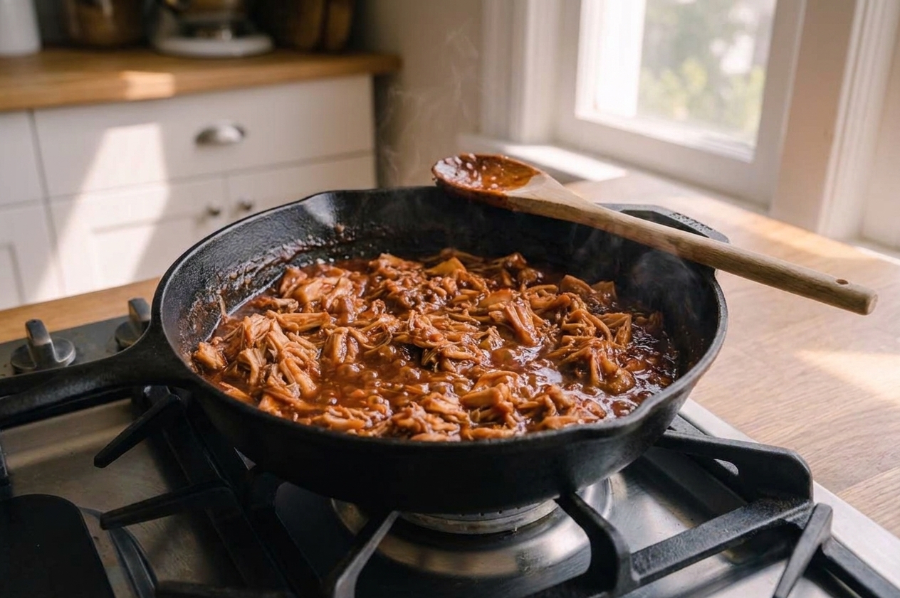 Shredded jackfruit simmering in a dark BBQ sauce in a cast iron skillet on a home stove, with a wooden spoon resting on the pan edge
