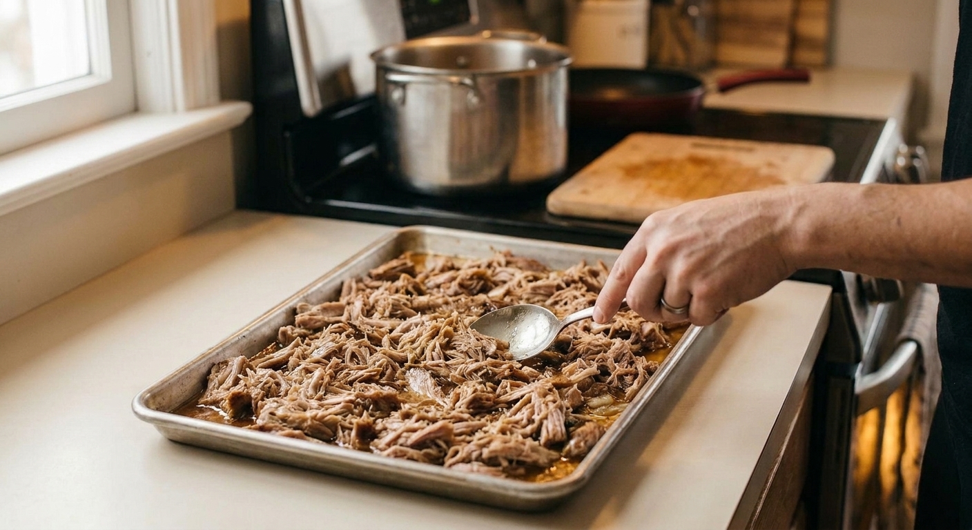 Shredded kalua pork spread on a rimmed baking sheet ready to broil for crispy edges under warm kitchen lighting