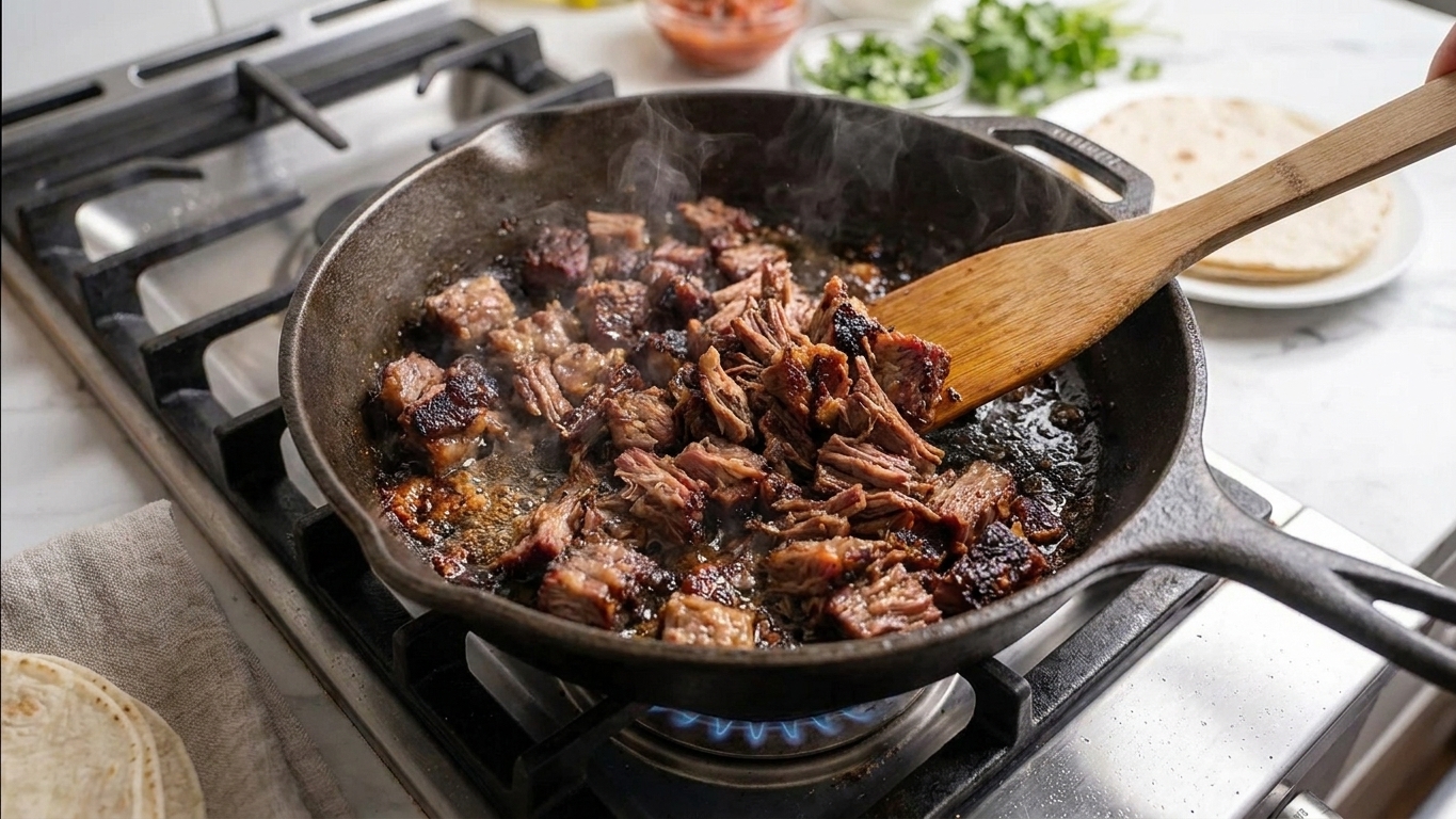 Shredded leftover brisket sizzling in a skillet with browned crispy edges forming