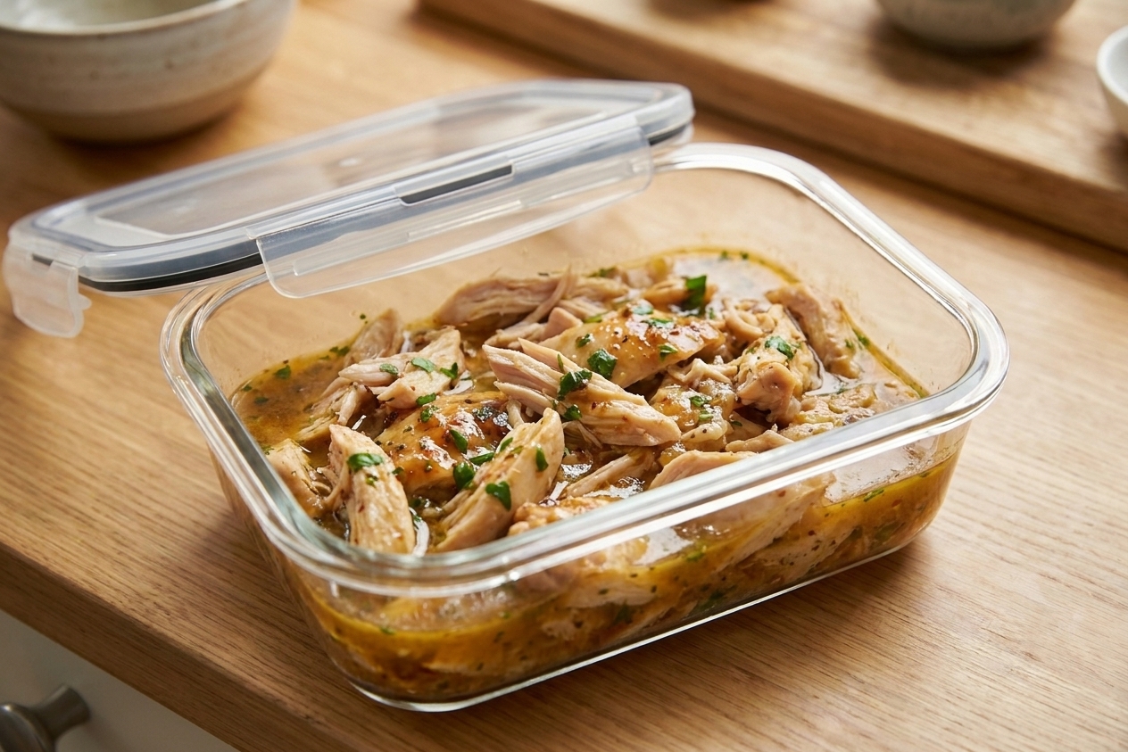 Shredded leftover chicken and sauce in a glass meal prep container with a lid on a kitchen counter