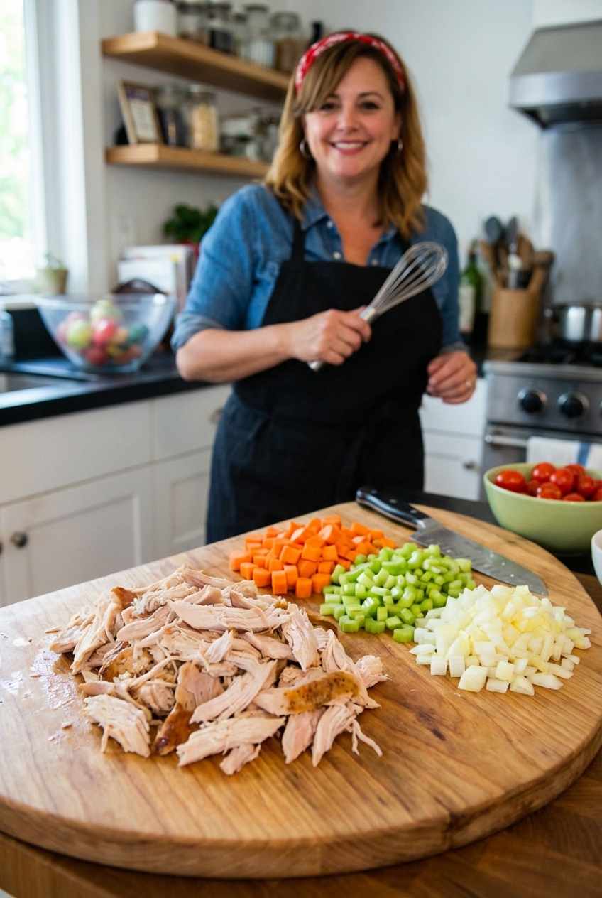 Shredded leftover turkey on a cutting board next to chopped carrots, celery, and onion