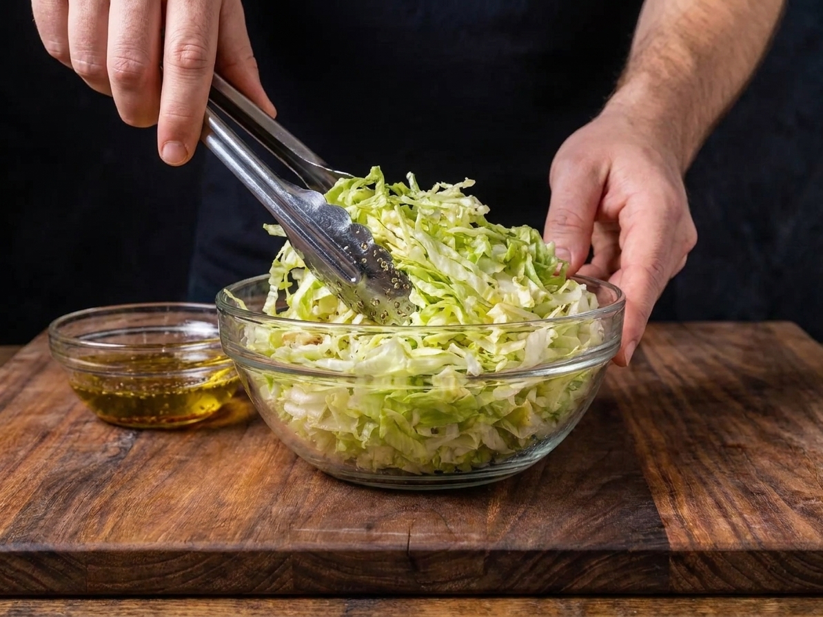 Shredded lettuce being tossed with oil and vinegar dressing in a mixing bowl with tongs