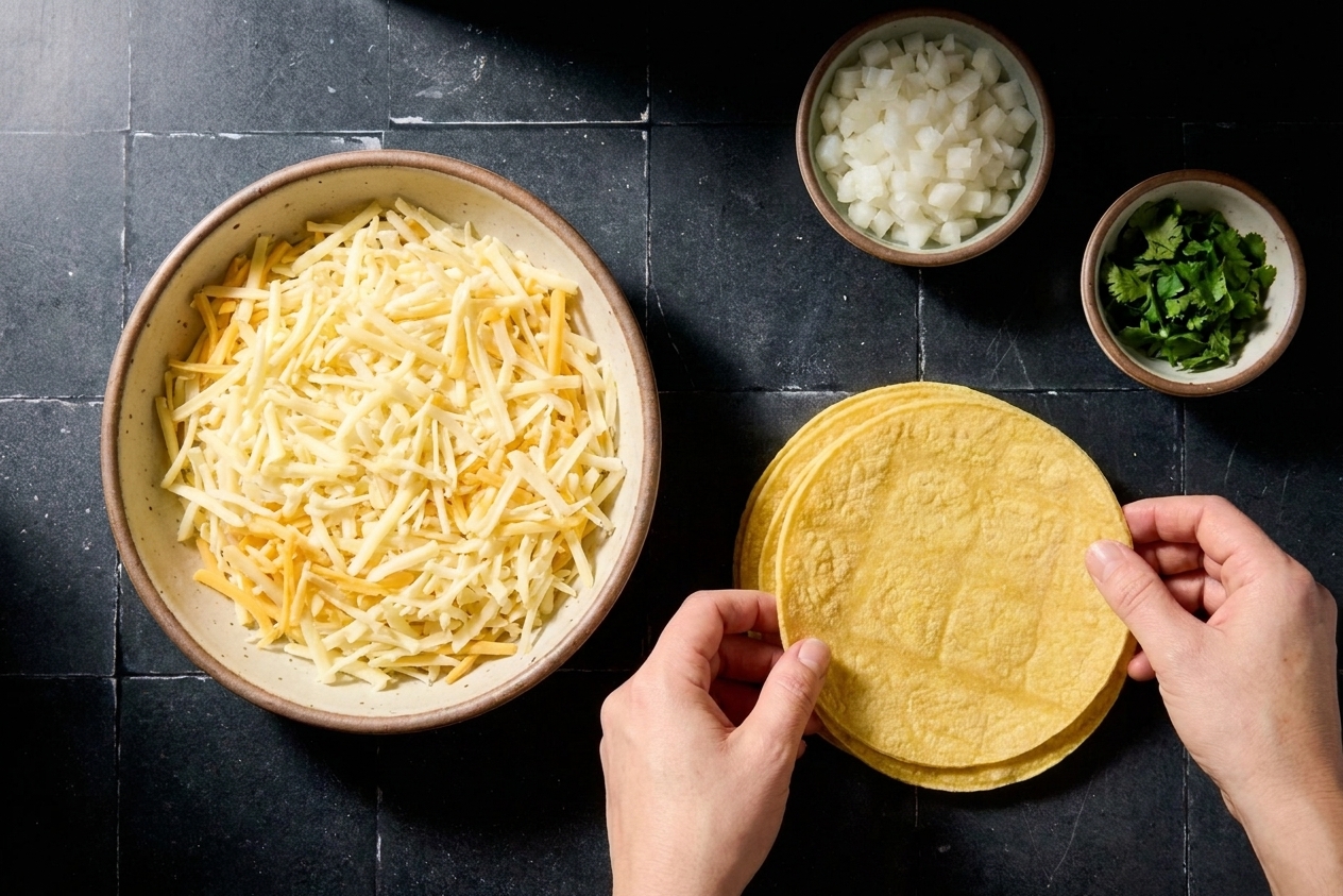 Shredded monterey jack and cheddar beside a stack of corn tortillas, ready for assembling enchiladas