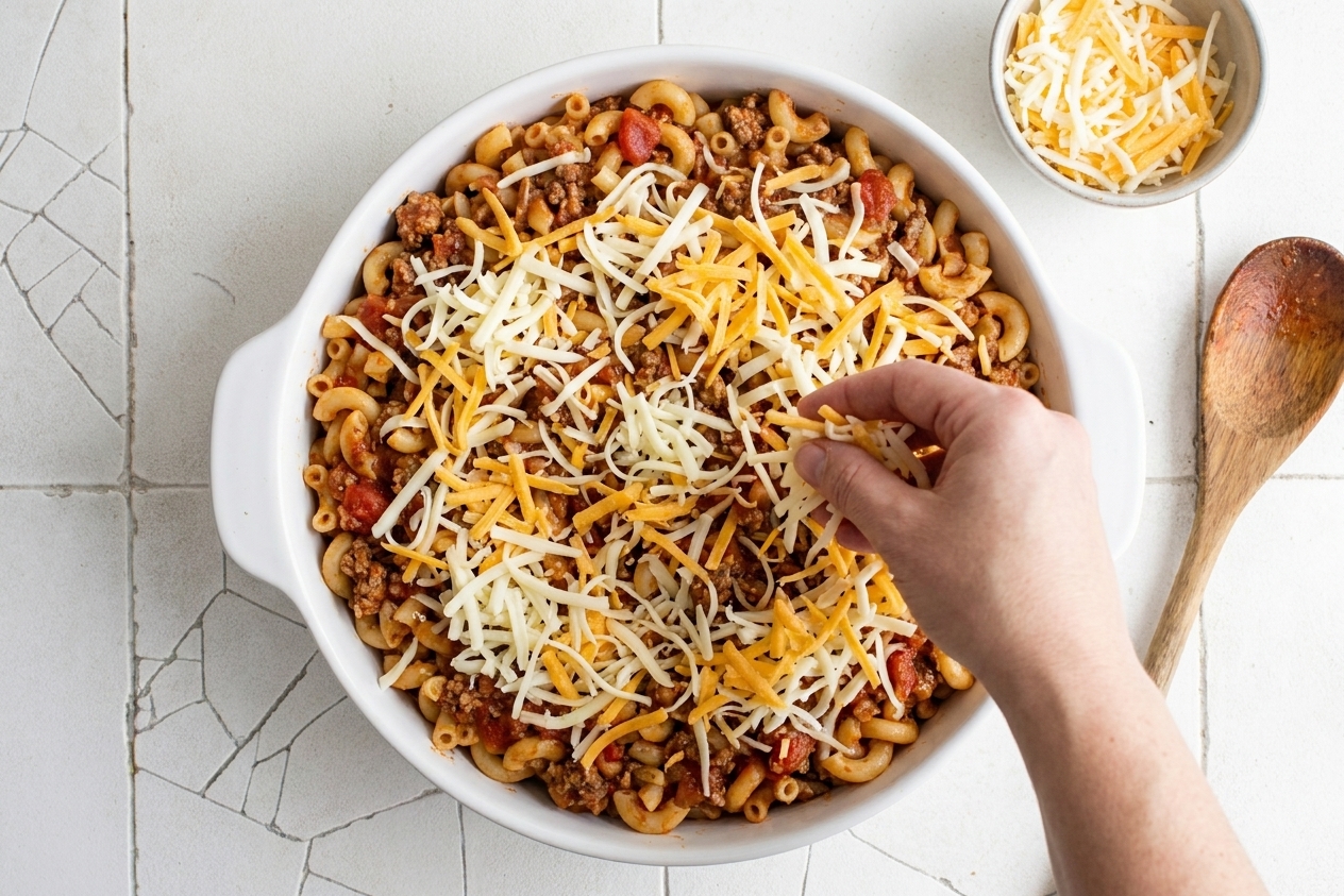 Shredded mozzarella and cheddar being sprinkled over a pasta casserole in a baking dish on a kitchen counter