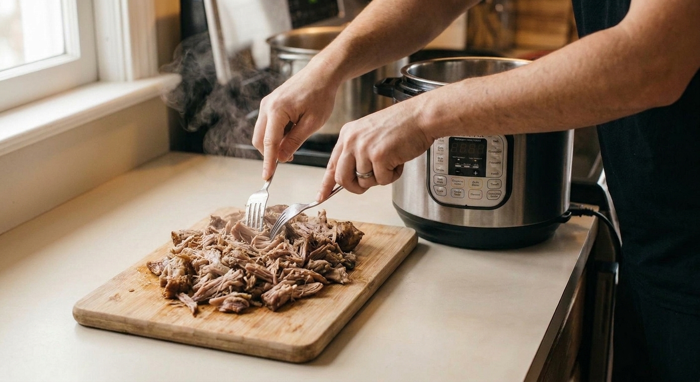 Shredded pork being pulled apart with forks next to an Instant Pot on a consistent home kitchen counter