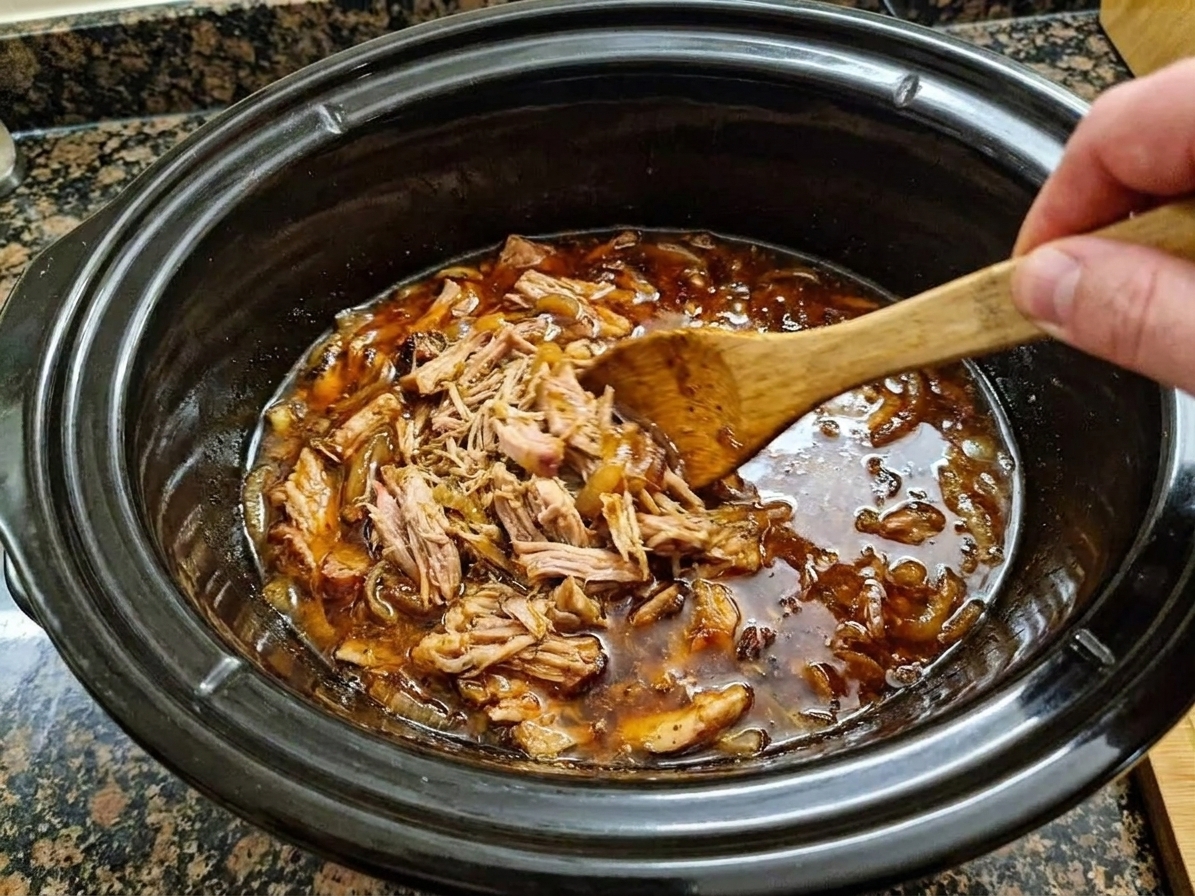 Shredded pork being stirred back into the slow cooker with glossy BBQ cooking juices using a wooden spoon
