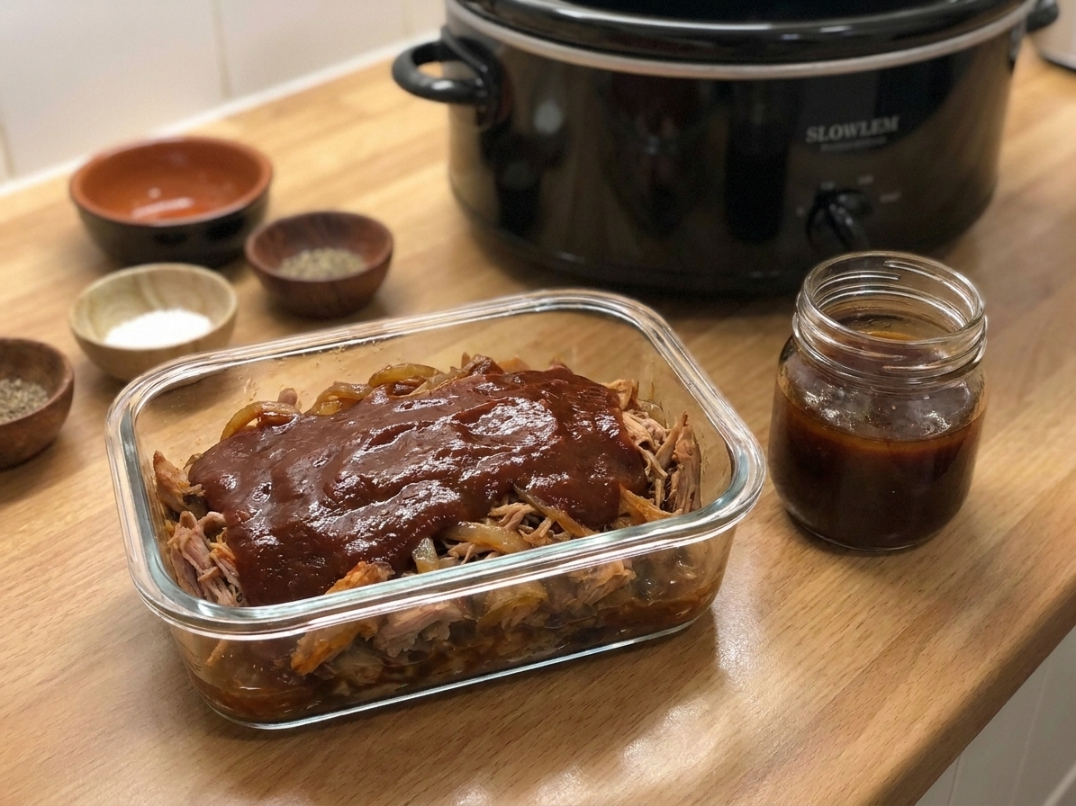 Shredded pork in a glass meal prep container with a layer of sauce, next to a small jar of extra cooking juices on a kitchen counter