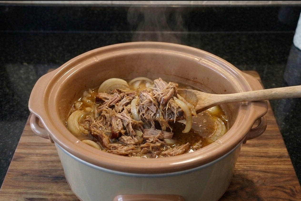 Shredded pork in a slow cooker insert with onions and sauce, ready to be served