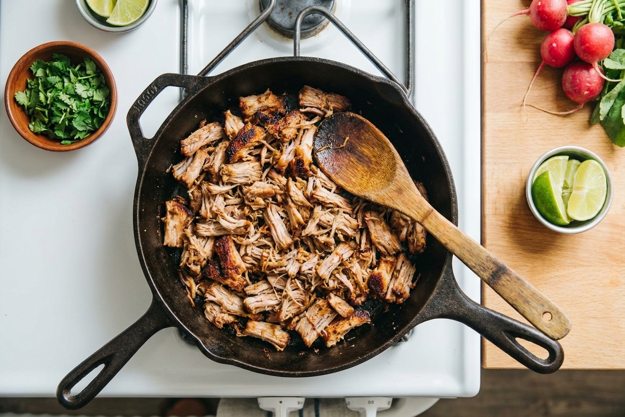 Shredded pork reheating in a cast iron skillet with browned edges and a wooden spoon nearby on a home stove