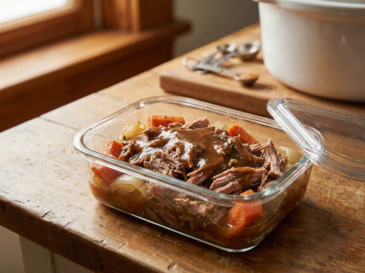 Shredded pork roast stored in a glass meal prep container with a little gravy, sitting on a kitchen counter