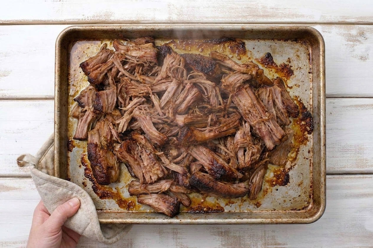 Shredded pork shoulder spread on a sheet pan with browned crisp edges just out of the oven