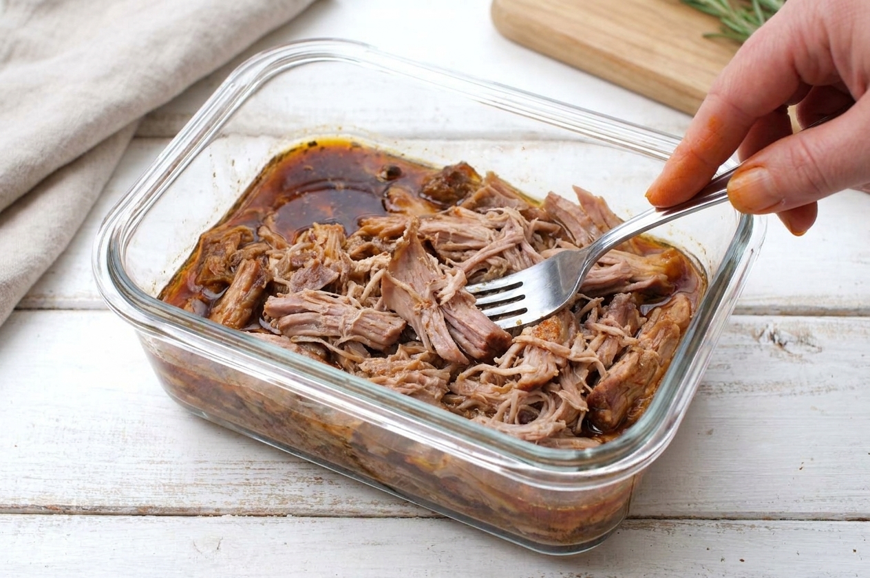 Shredded pork shoulder stored in a glass container with a little cooking liquid on top, set on a kitchen counter