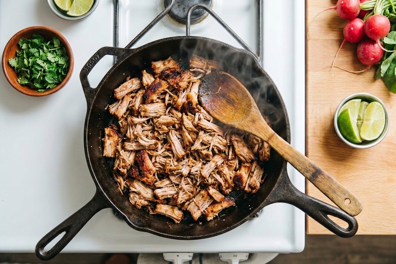 Shredded pork sizzling in a hot skillet with crisp browned edges and steam rising on a home stove