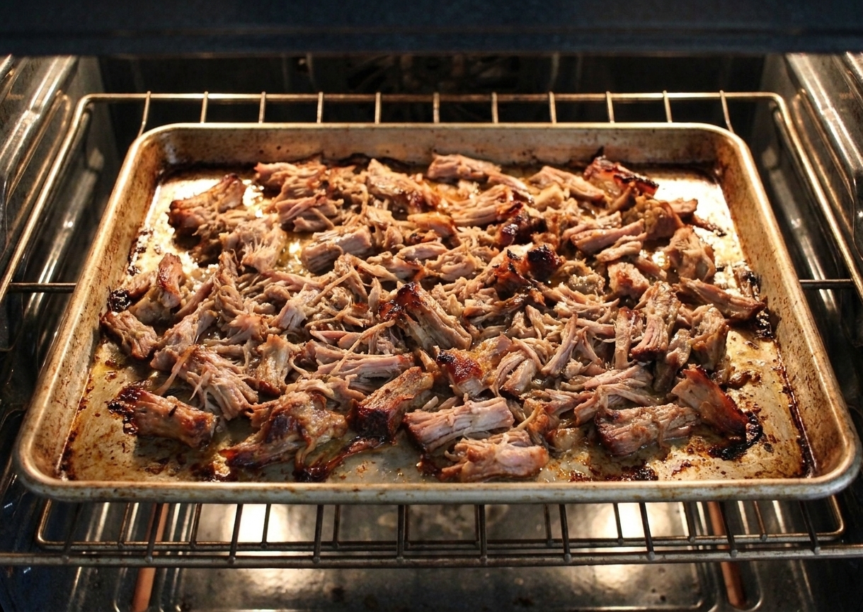 Shredded pork spread on a rimmed baking sheet with browned crispy edges forming under high heat in a home kitchen