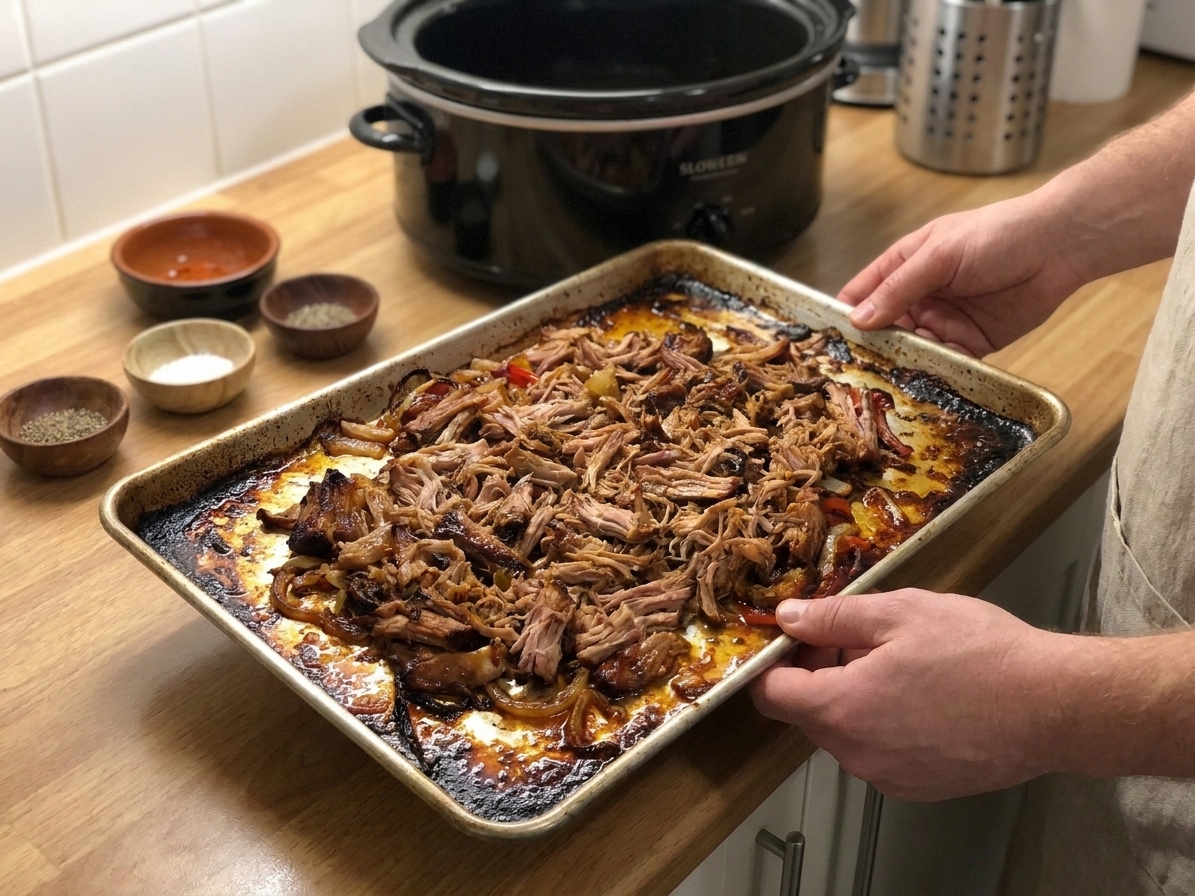 Shredded pork spread on a rimmed baking sheet with browned, crisp edges in a warm kitchen setting