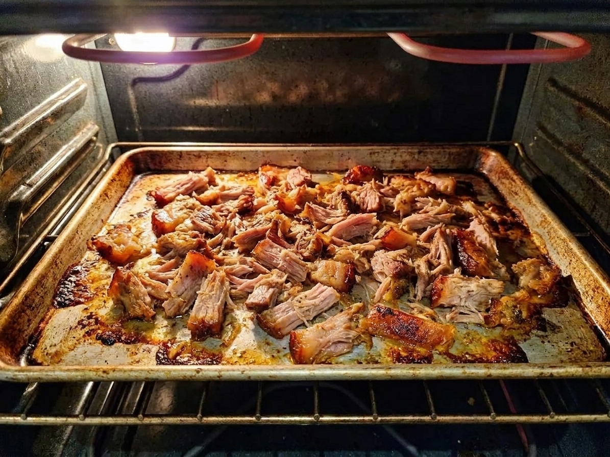 Shredded pork spread on a rimmed sheet pan with browned crispy edges forming under the oven broiler