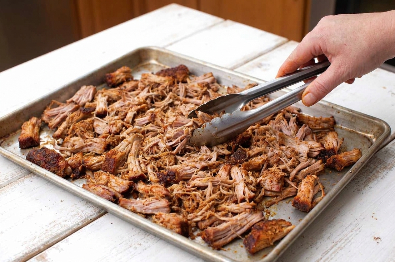 Shredded pork spread on a sheet pan with browned crispy edges under warm kitchen lighting