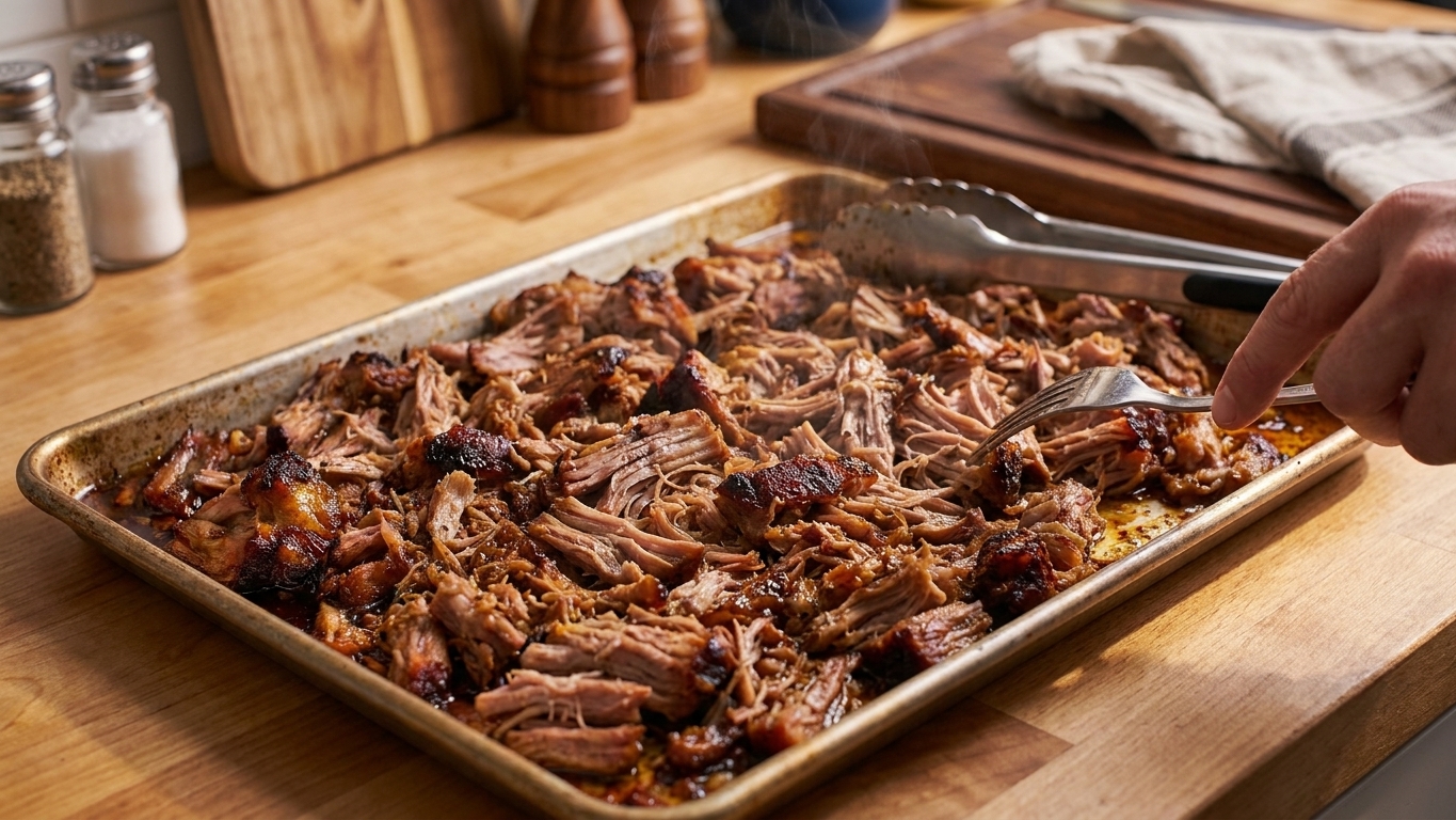 Shredded pork spread on a sheet pan with browned crisp edges under warm kitchen lighting