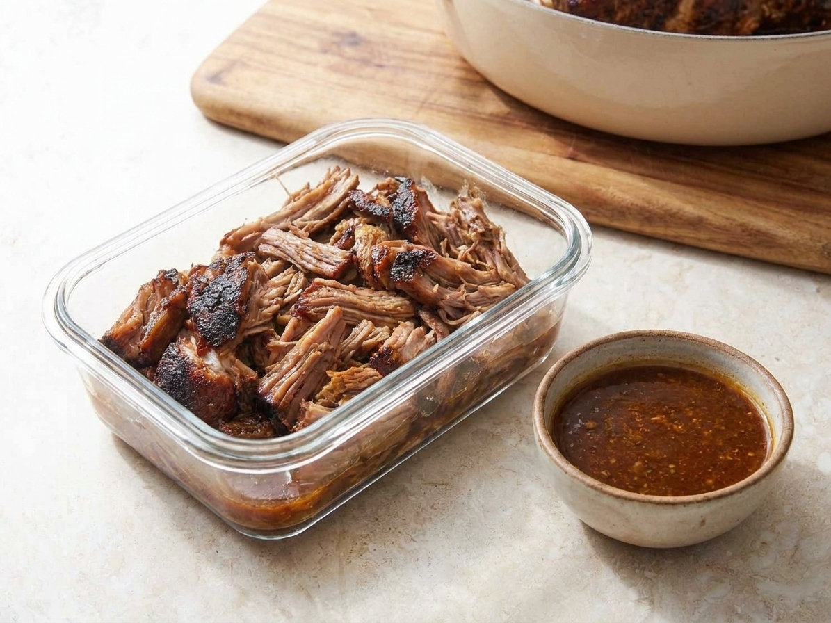 Shredded pork stored in a glass meal prep container with a small cup of pan sauce beside it on a kitchen counter