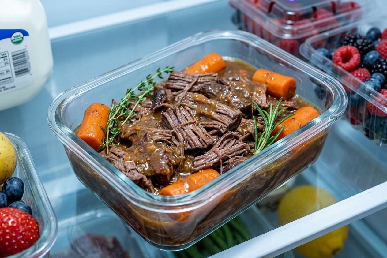 Shredded pot roast with carrots and gravy in a clear glass meal prep container on a refrigerator shelf