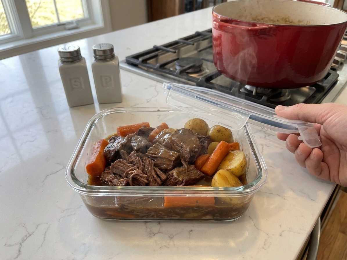 Shredded pot roast with carrots and potatoes stored in a glass meal prep container covered in brown gravy