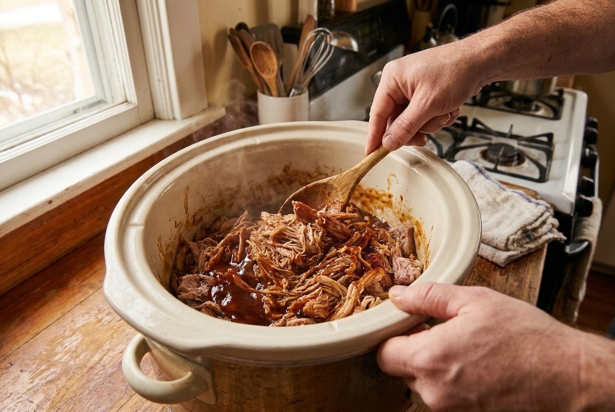 Shredded pulled pork being stirred with barbecue sauce in a slow cooker crock using a wooden spoon
