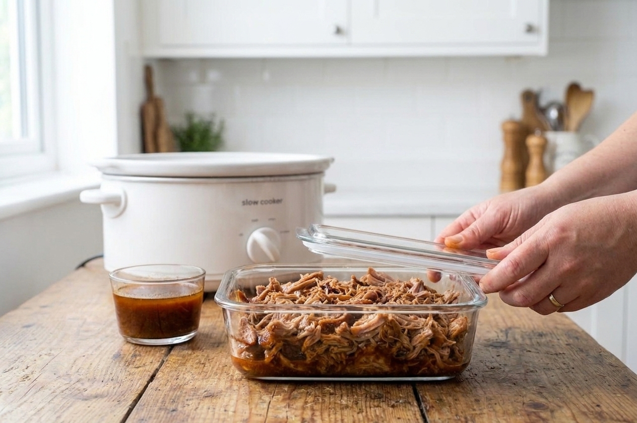 Shredded pulled pork in a glass meal prep container with a small cup of cooking juices beside it on a kitchen counter