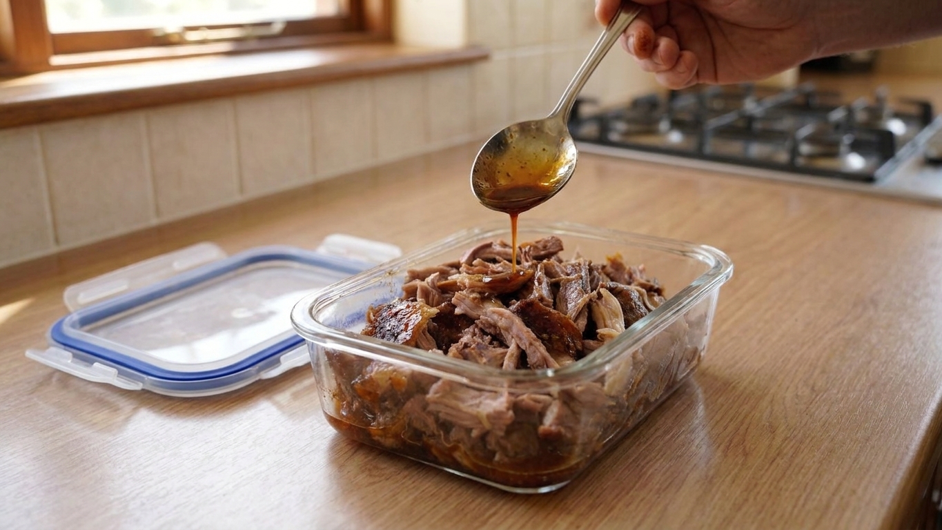 Shredded pulled pork in a glass meal prep container with a spoonful of cooking juices, sitting on a kitchen counter next to a lid