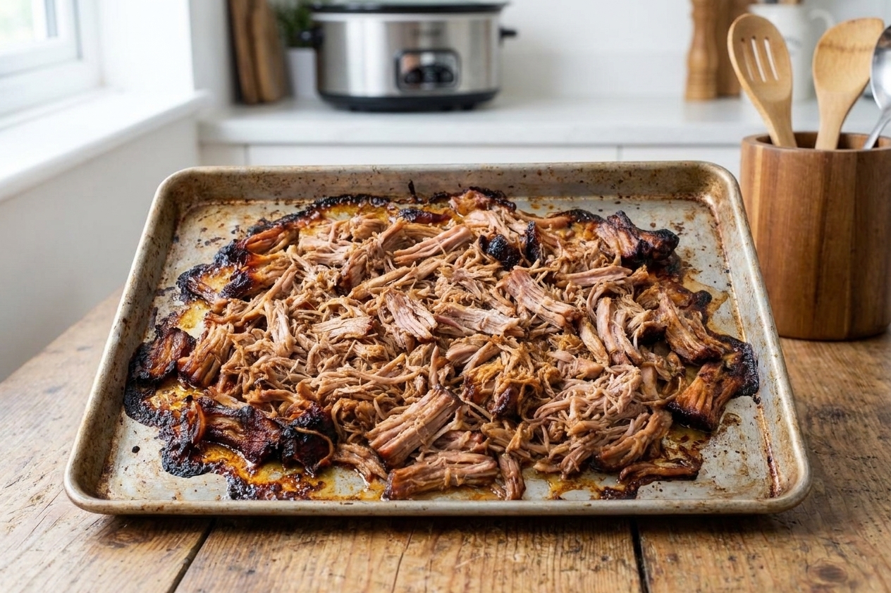 Shredded pulled pork on a sheet pan with caramelized crisp edges under warm kitchen lighting