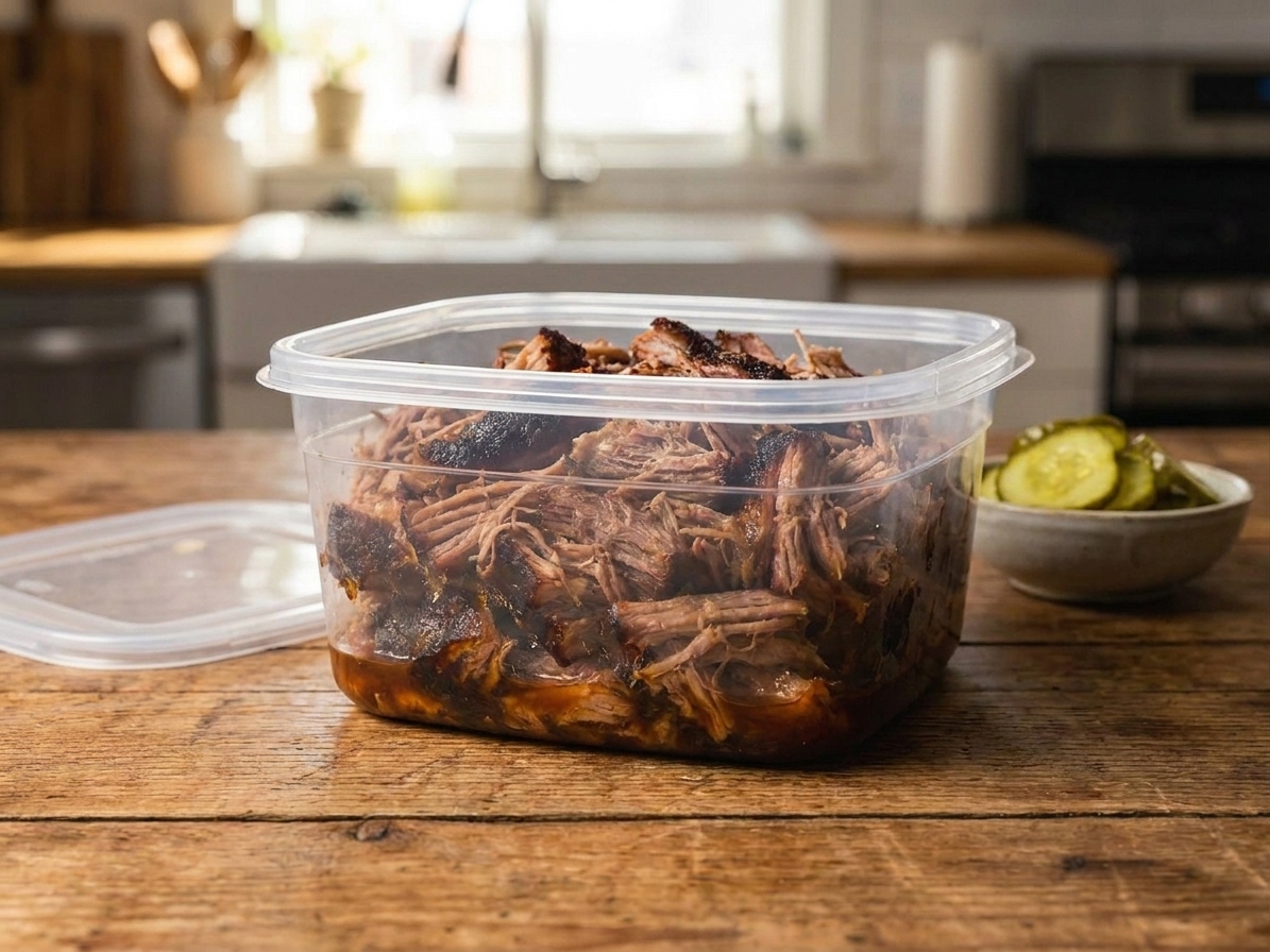 Shredded pulled pork packed in a clear airtight container with a little cooking liquid visible, set on a kitchen counter next to a lid