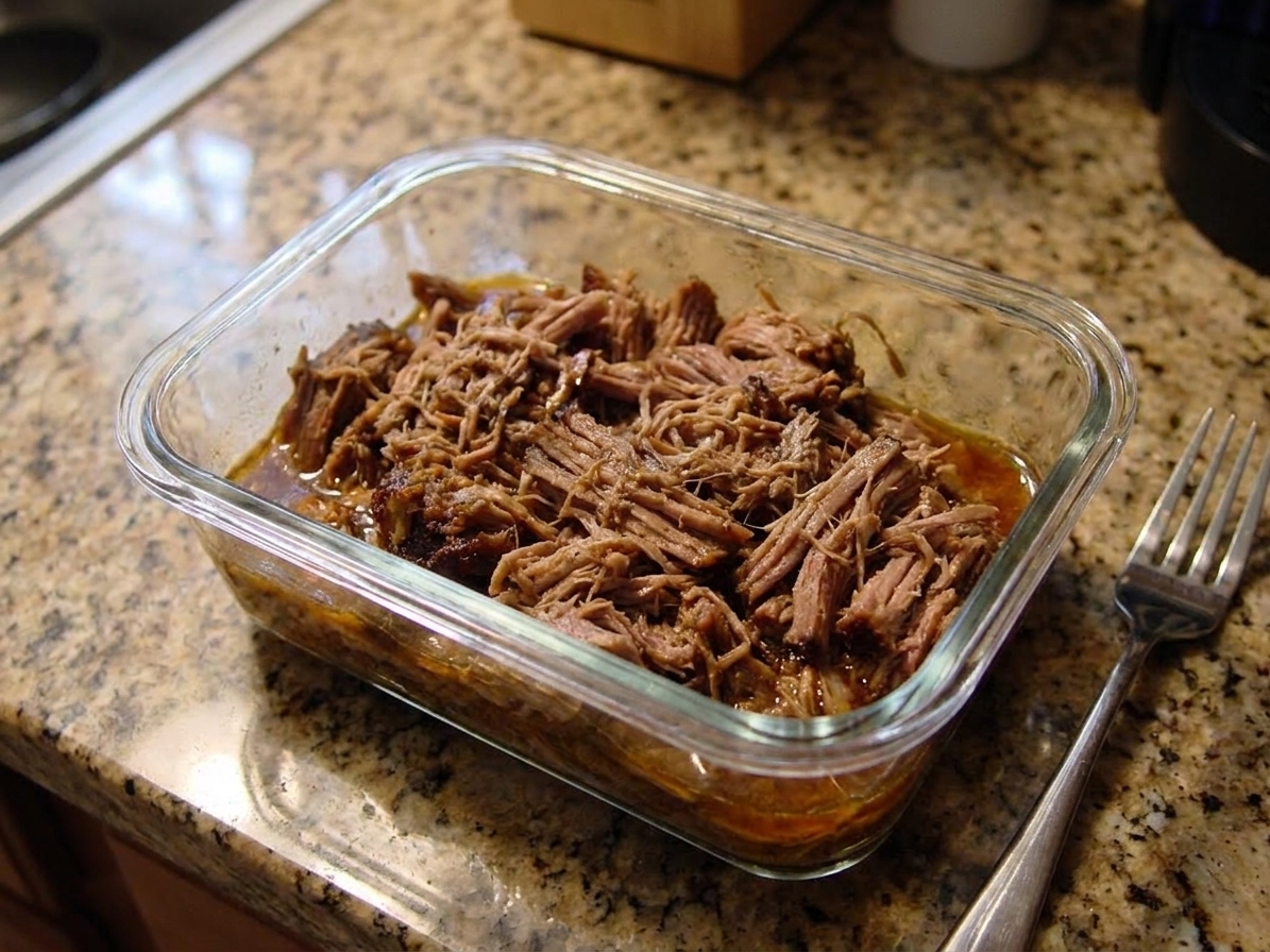 Shredded pulled pork packed into a glass meal prep container with a little cooking juice, sitting on a clean kitchen counter