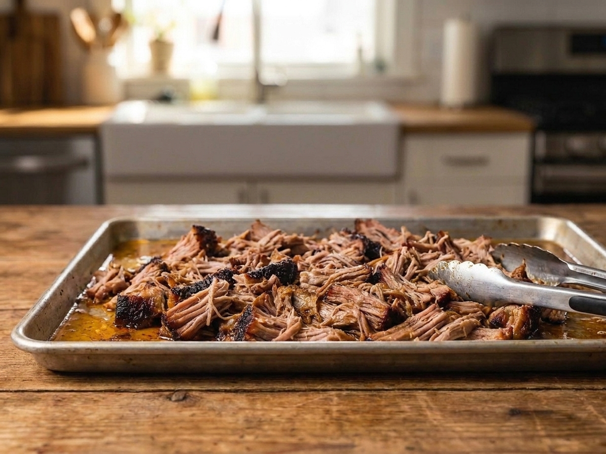 Shredded pulled pork spread on a rimmed sheet pan with browned crispy edges, ready to be tossed with cooking juices
