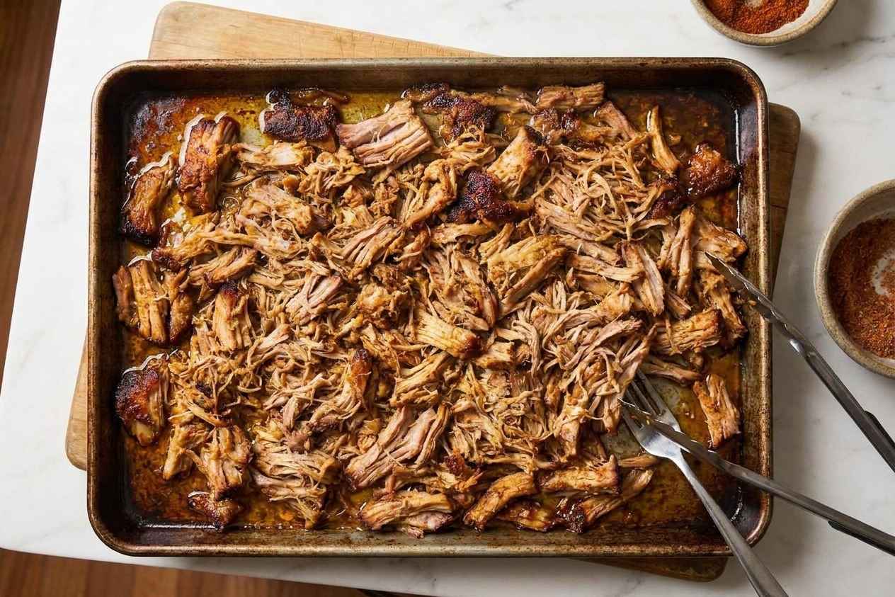 Shredded pulled pork spread on a rimmed sheet pan with browned, crispy edges