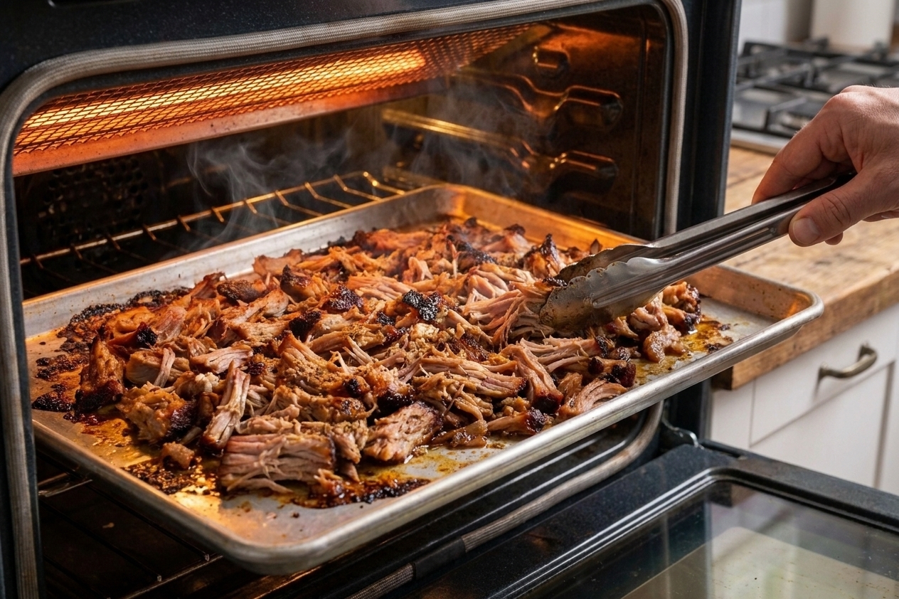 Shredded pulled pork spread on a sheet pan under a broiler with browned crispy edges forming