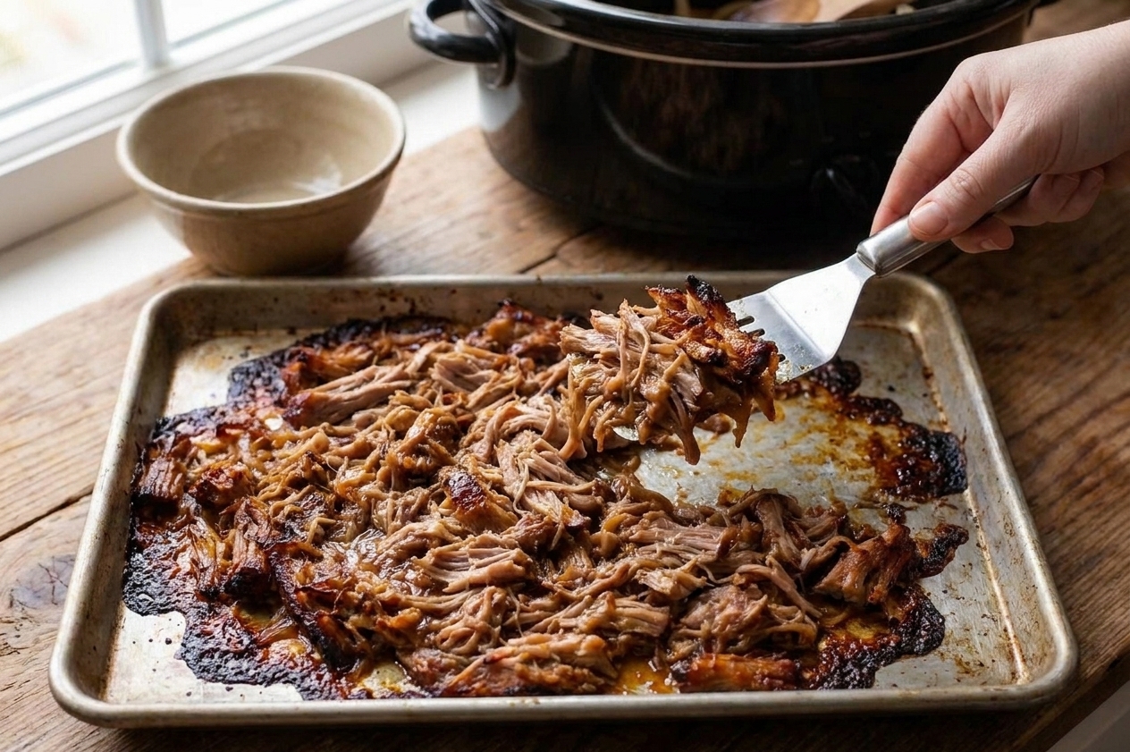 Shredded pulled pork spread on a sheet pan with browned crispy edges