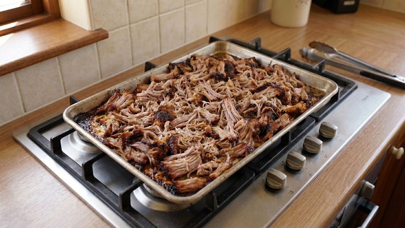 Shredded pulled pork spread on a sheet pan with browned crispy edges, sitting on a stovetop next to tongs