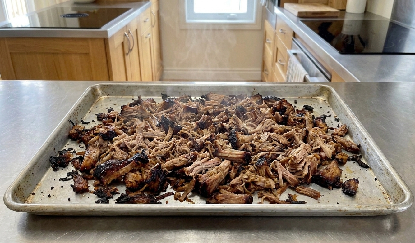 Shredded pulled pork spread on a sheet pan with caramelized crispy edges, just pulled from the oven in a home kitchen
