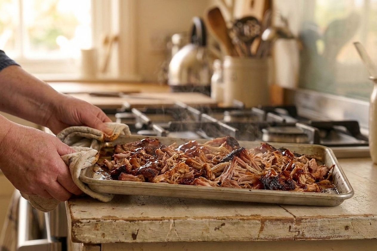 Shredded pulled pork spread on a sheet pan with caramelized edges, just out of the oven