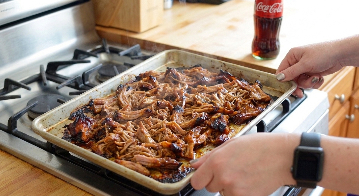 Shredded pulled pork spread on a sheet pan with caramelized crispy edges after a quick broil
