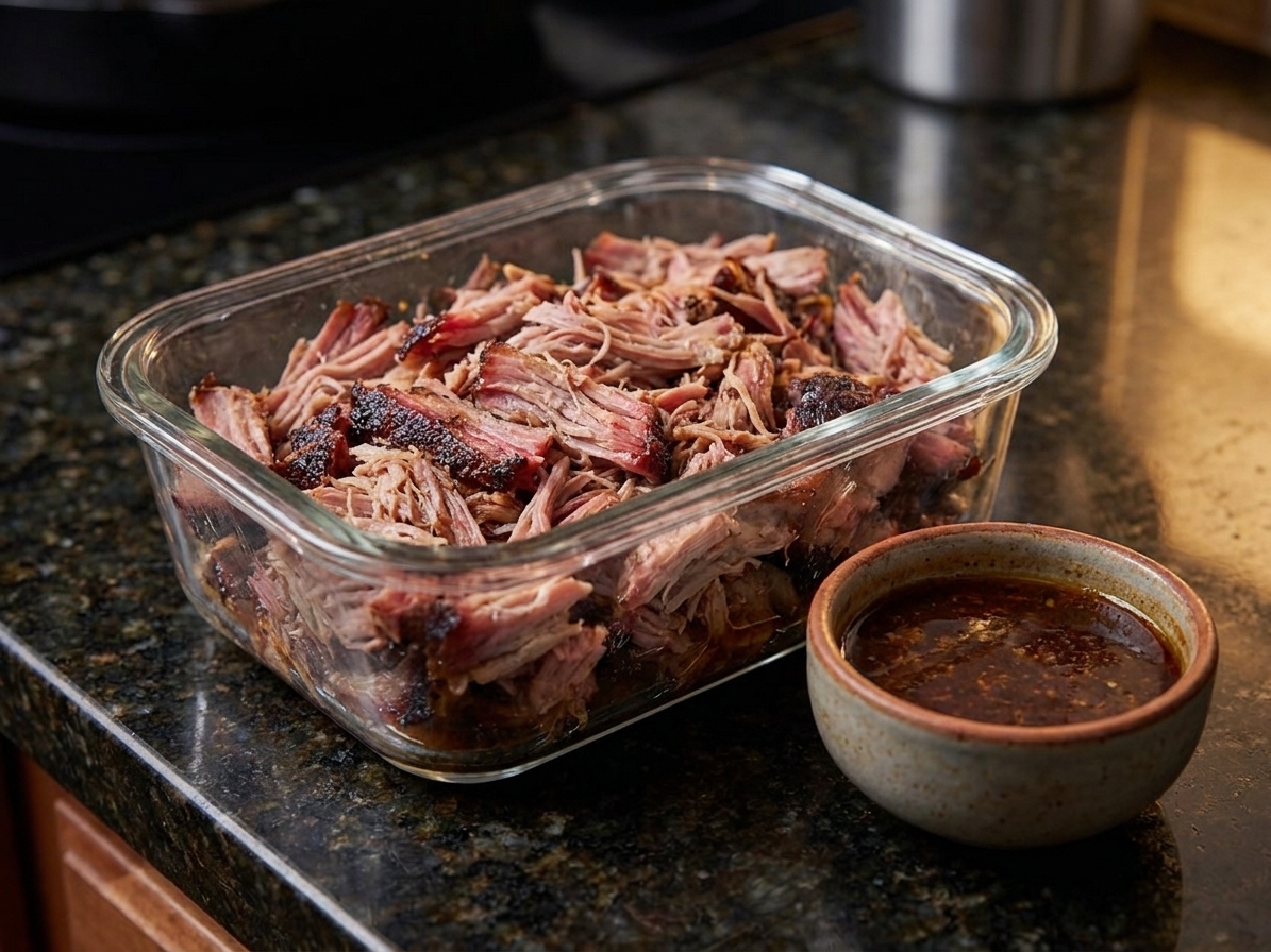 Shredded pulled pork stored in a clear airtight container on a kitchen counter next to a small cup of cooking juices