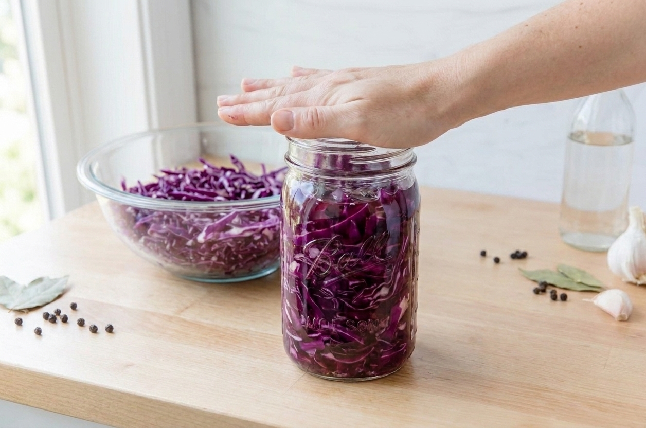Shredded red cabbage being packed tightly into a glass quart jar on a kitchen counter