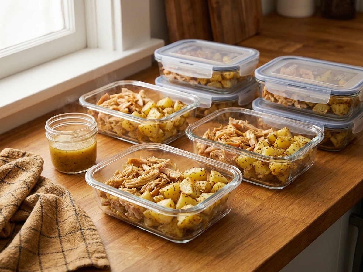 Shredded roast chicken and roasted potatoes stored in clear glass meal prep containers on a kitchen counter