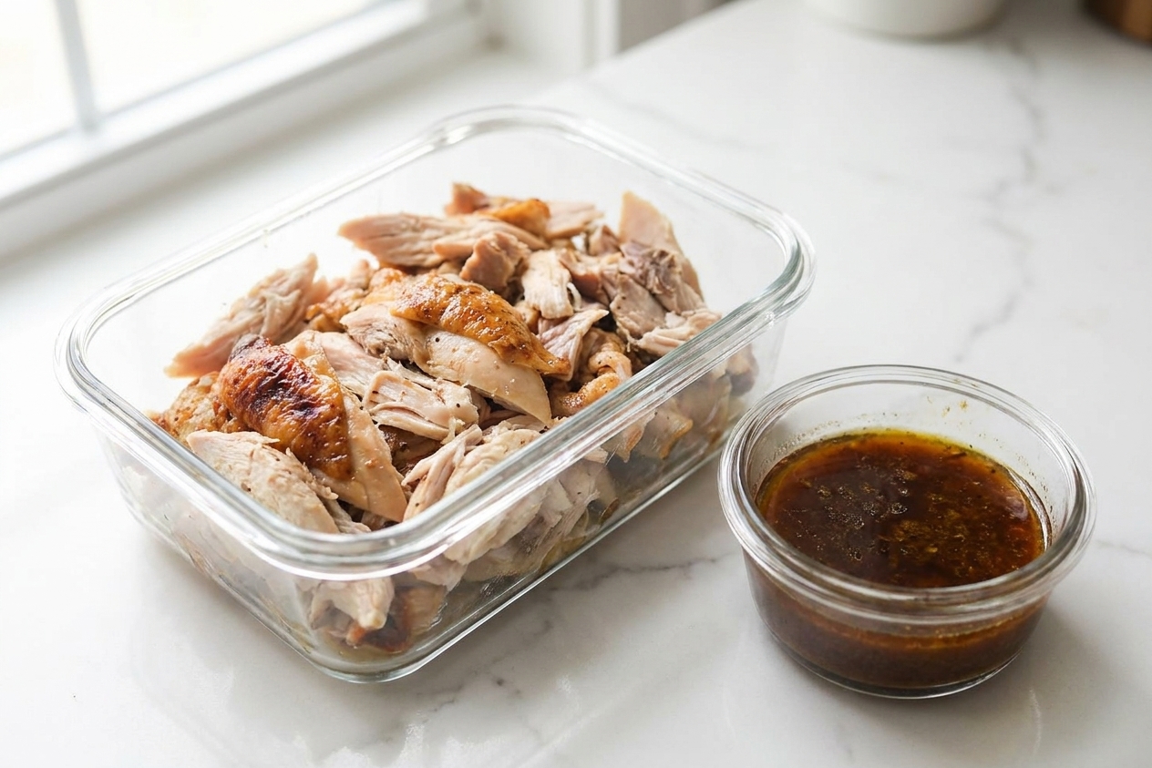 Shredded roast chicken stored in a clear airtight container with a small cup of pan juices beside it on a kitchen counter