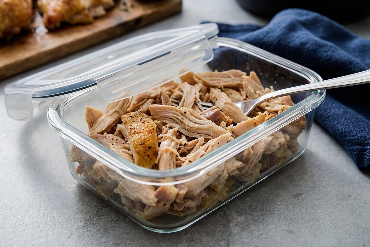 Shredded roast chicken stored in a clear glass container with a tight lid on a kitchen counter, ready for meal prep