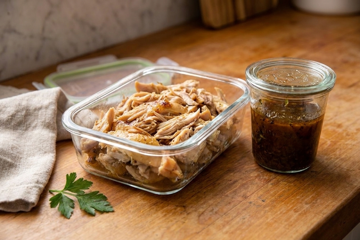 Shredded roast chicken stored in a glass meal prep container with a small container of pan sauce beside it on a kitchen counter