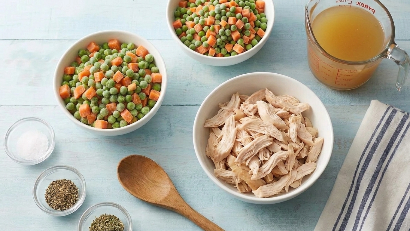 Shredded rotisserie chicken, a bowl of frozen mixed vegetables, and pantry seasonings arranged on a clean kitchen counter