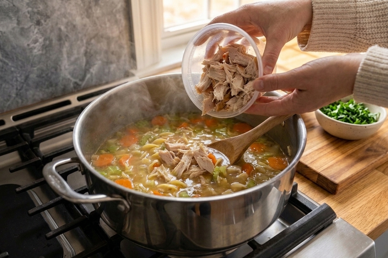 Shredded rotisserie chicken being added to a simmering pot of soup on the stove