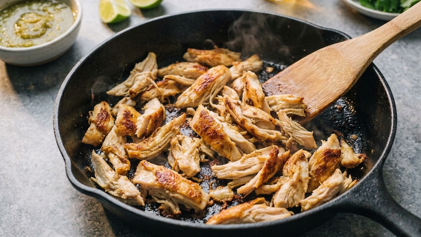 Shredded rotisserie chicken browning in a hot skillet with lightly crisped edges